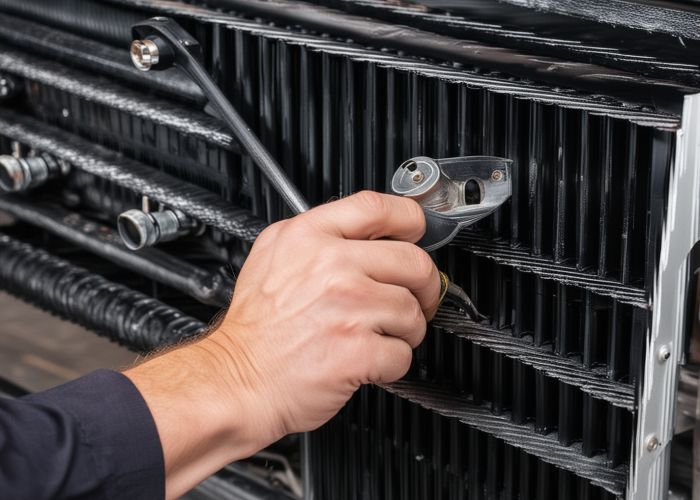 Technician performing detailed radiator repair and restoration