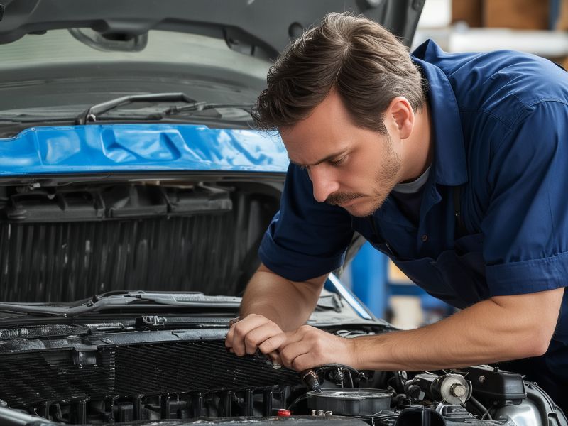 Professional mechanic working on automotive radiator repair