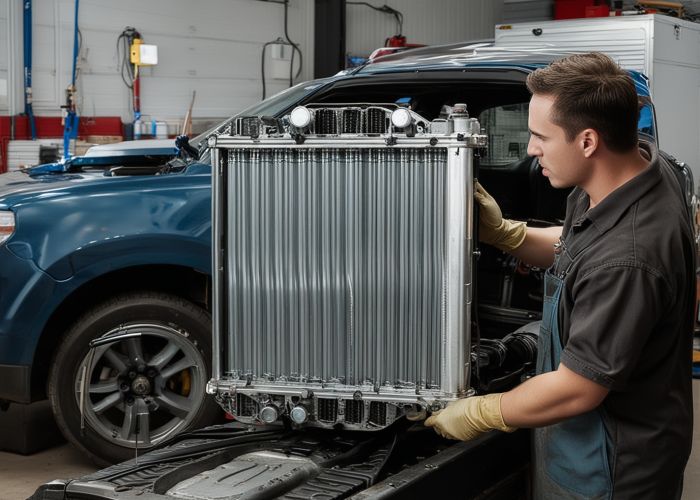 Founder Miguel Avila working on automotive radiator with professional tools