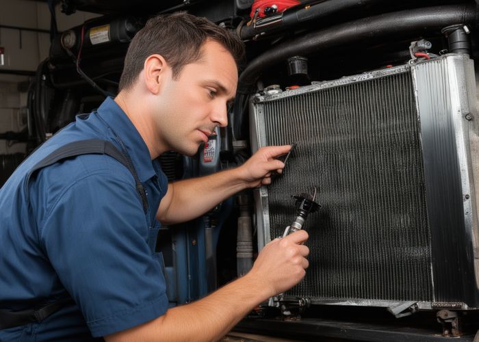 Professional radiator repair in progress using specialized tools and techniques